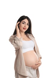 Portrait of beautiful pregnant woman on white background