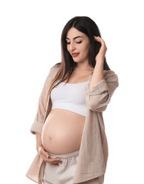 Portrait of beautiful pregnant woman on white background