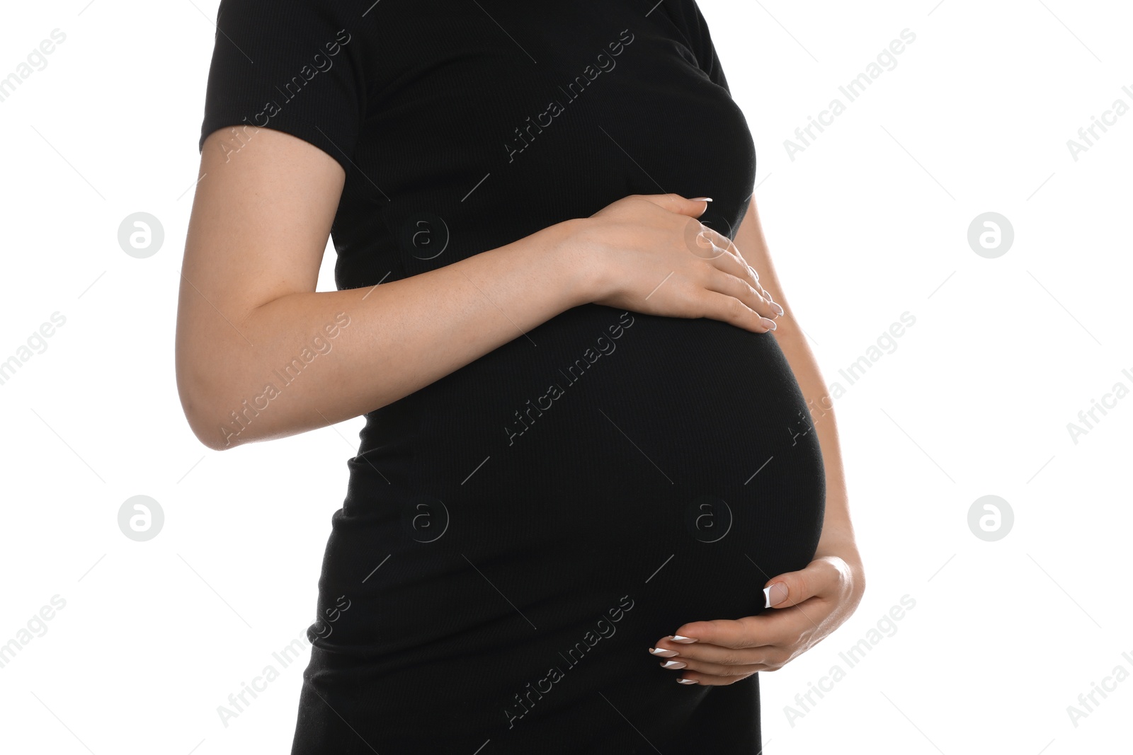 Photo of Young pregnant woman on white background, closeup