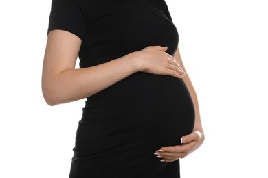 Photo of Young pregnant woman on white background, closeup