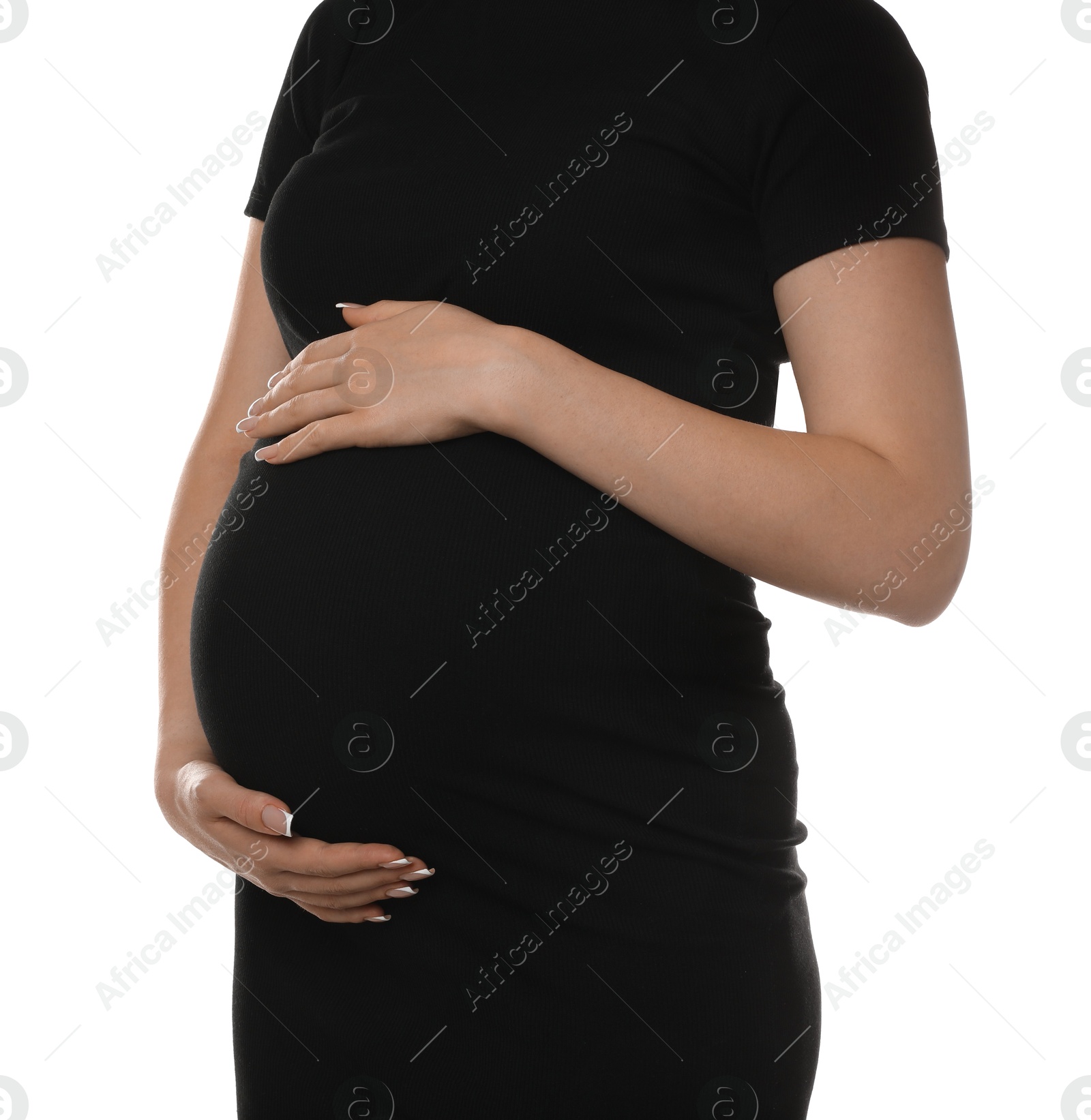 Photo of Young pregnant woman on white background, closeup