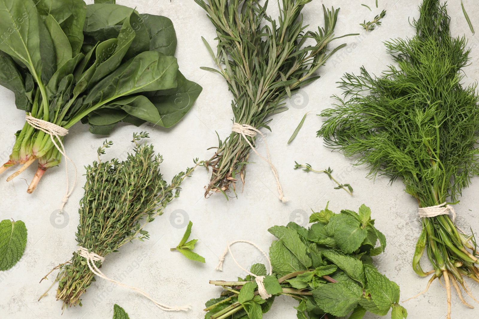 Photo of Bunches of different fresh herbs on light textured table, flat lay