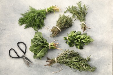 Photo of Bunches of different fresh herbs and scissors on light grey textured table, flat lay