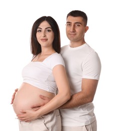 Photo of Beautiful pregnant woman with her husband isolated on white