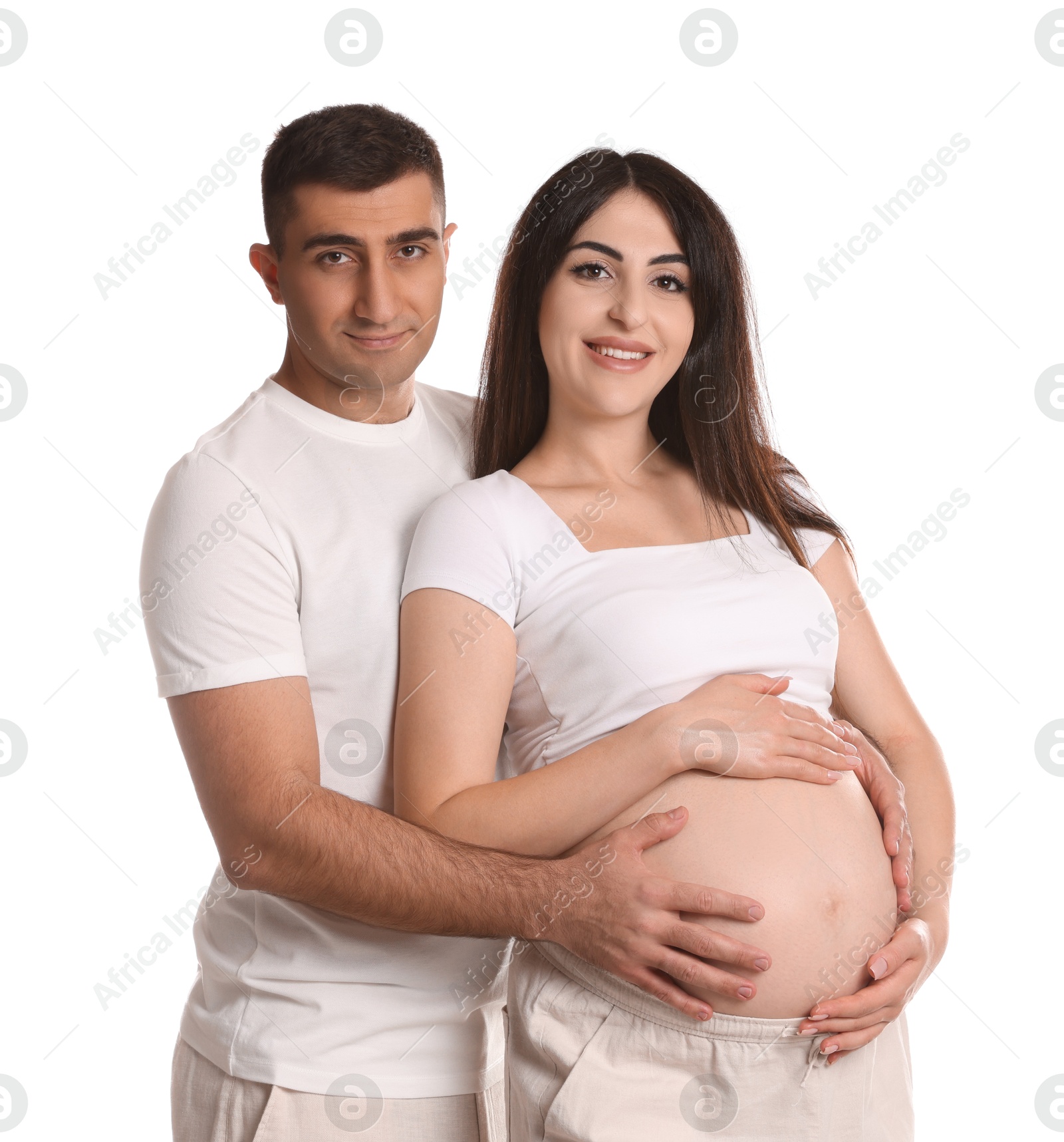 Photo of Beautiful pregnant woman with her husband isolated on white