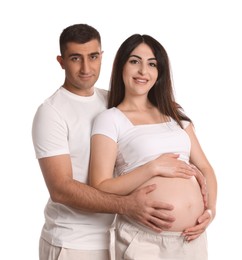 Photo of Beautiful pregnant woman with her husband isolated on white