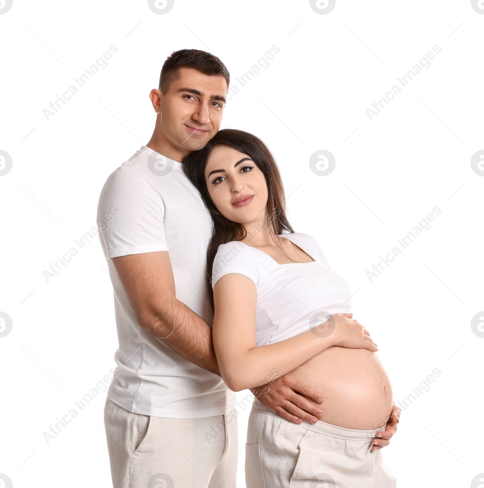 Photo of Beautiful pregnant woman with her husband isolated on white