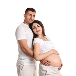 Photo of Beautiful pregnant woman with her husband isolated on white