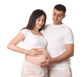 Photo of Beautiful pregnant woman with her husband isolated on white