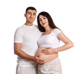 Photo of Beautiful pregnant woman with her husband isolated on white