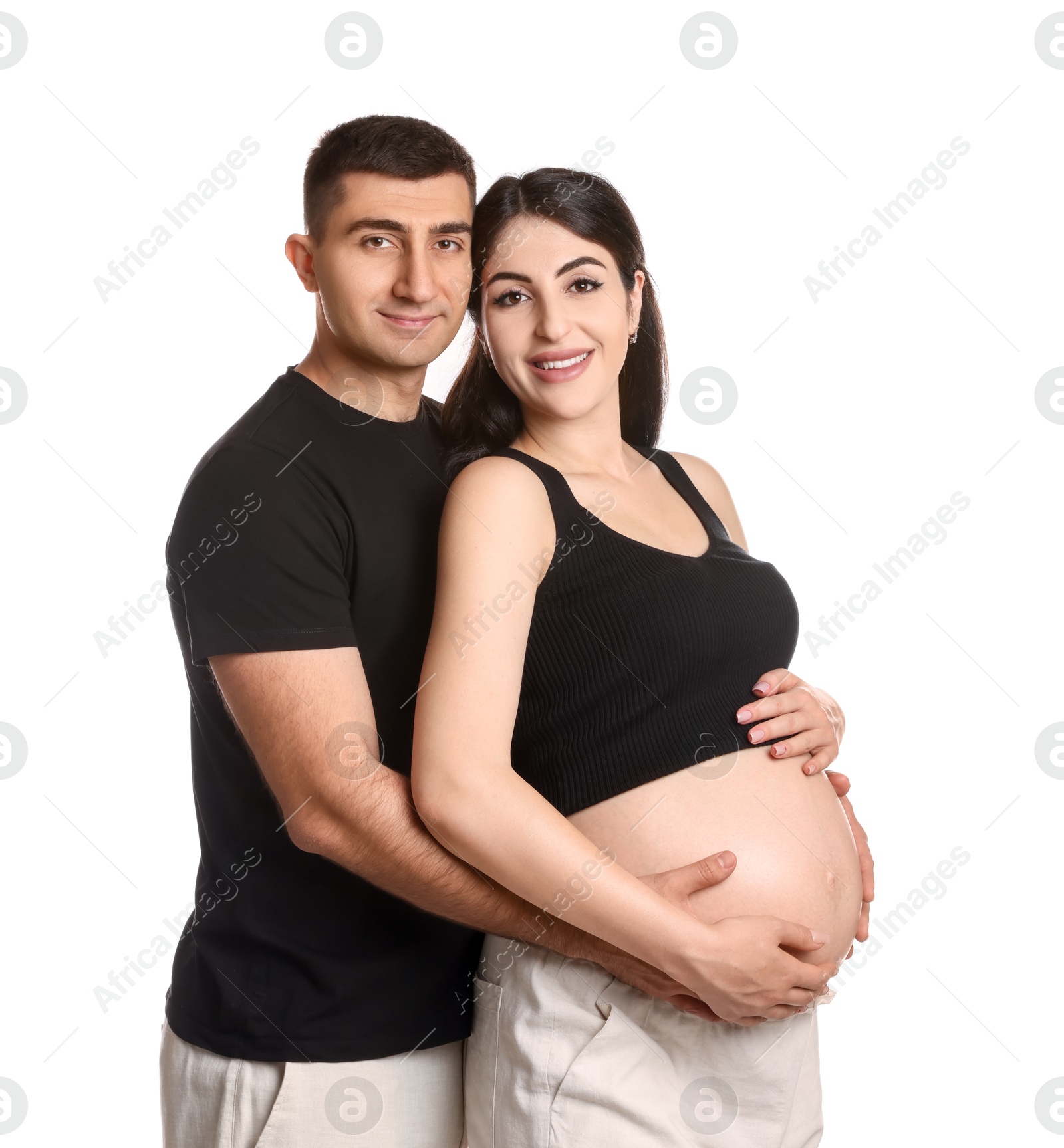 Photo of Beautiful pregnant woman with her husband isolated on white