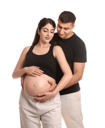 Photo of Beautiful pregnant woman with her husband isolated on white