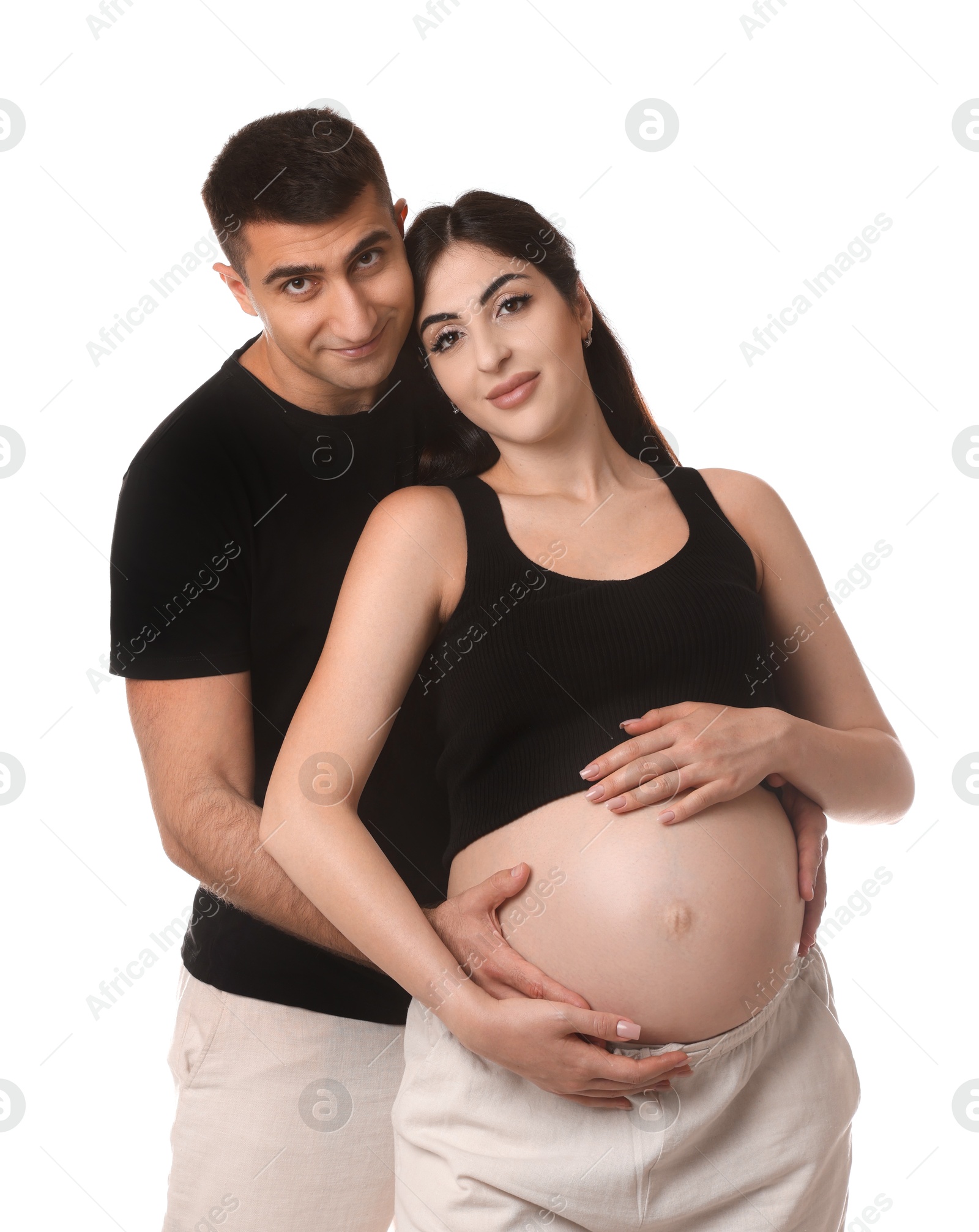 Photo of Beautiful pregnant woman with her husband isolated on white