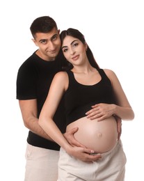 Photo of Beautiful pregnant woman with her husband isolated on white