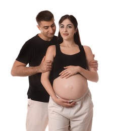 Photo of Beautiful pregnant woman with her husband isolated on white