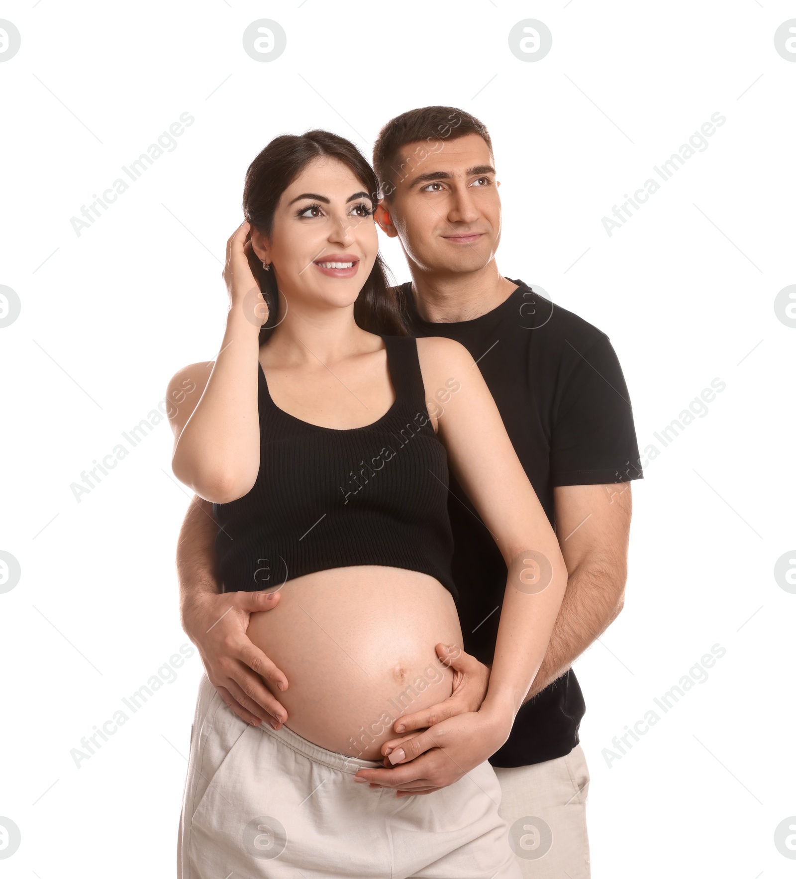 Photo of Beautiful pregnant woman with her husband isolated on white