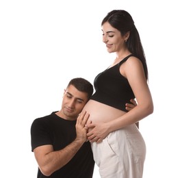 Photo of Beautiful pregnant woman with her husband isolated on white