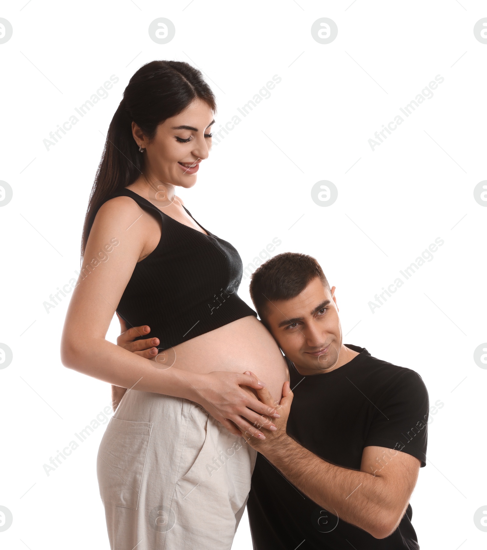 Photo of Beautiful pregnant woman with her husband isolated on white