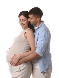 Photo of Beautiful pregnant woman with her husband isolated on white