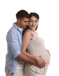 Photo of Beautiful pregnant woman with her husband isolated on white