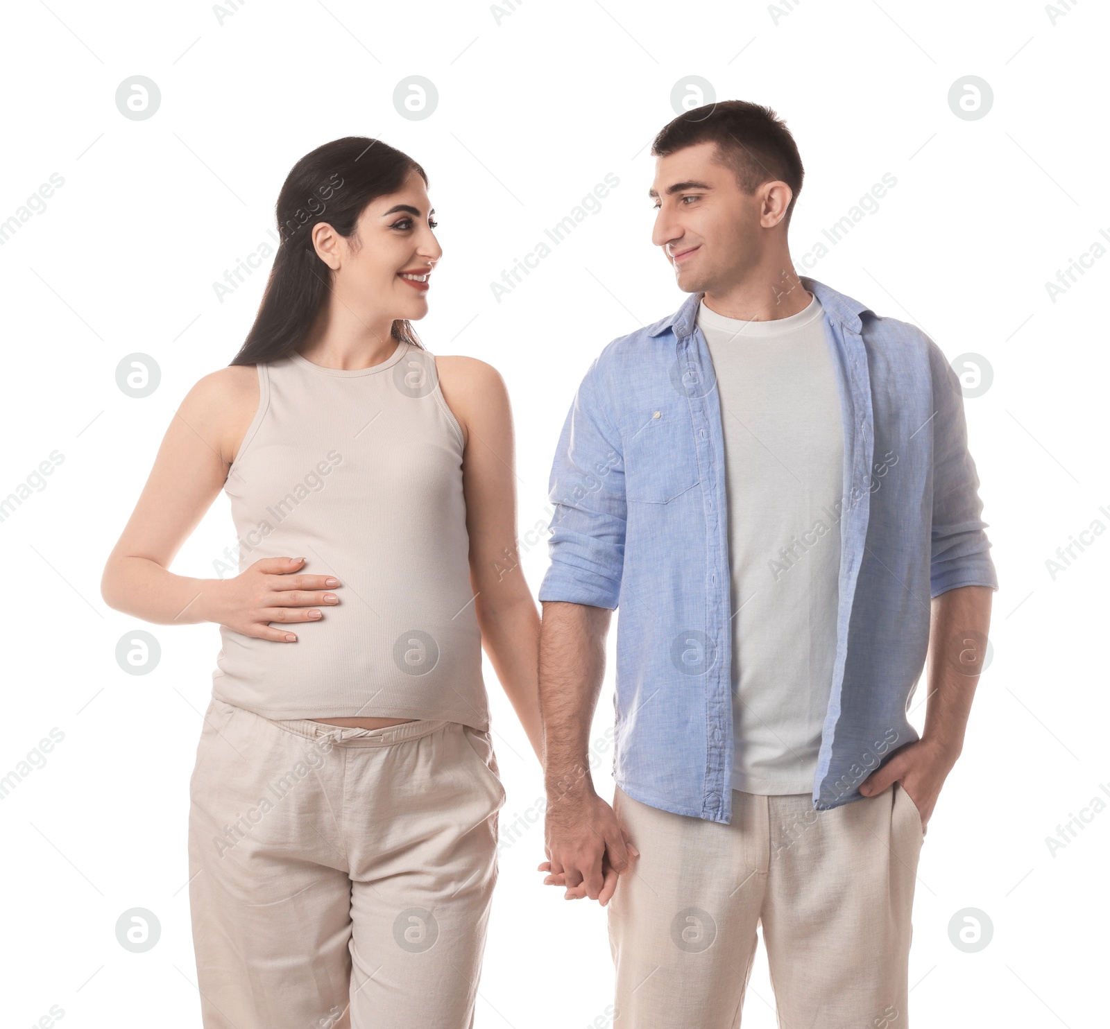 Photo of Beautiful pregnant woman with her husband isolated on white