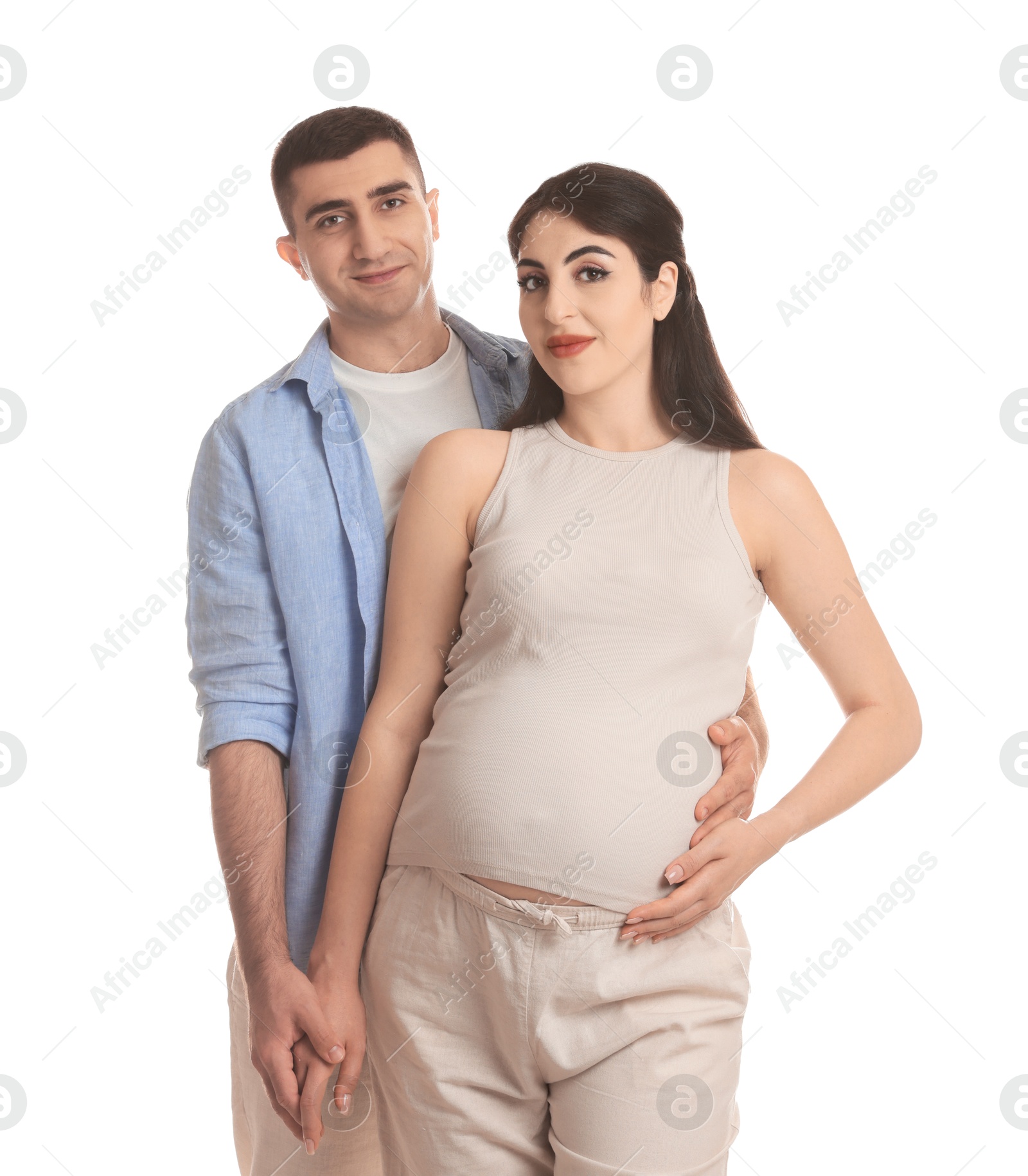 Photo of Beautiful pregnant woman with her husband isolated on white