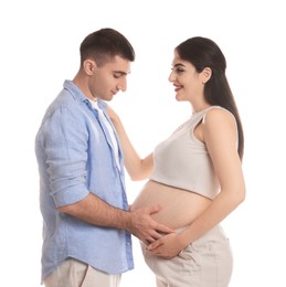 Photo of Beautiful pregnant woman with her husband isolated on white