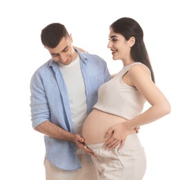 Photo of Beautiful pregnant woman with her husband isolated on white