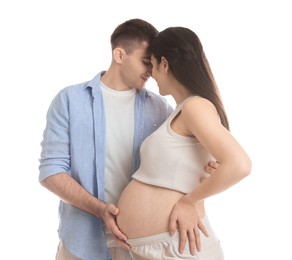 Photo of Beautiful pregnant woman with her husband isolated on white