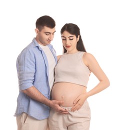 Photo of Beautiful pregnant woman with her husband isolated on white