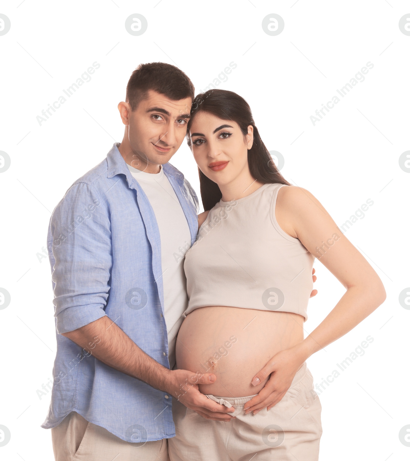 Photo of Beautiful pregnant woman with her husband isolated on white