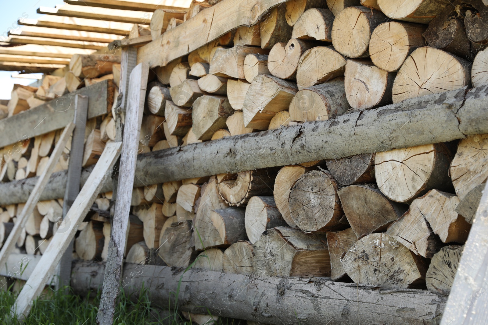 Photo of Stacked cut firewood on green grass outdoors