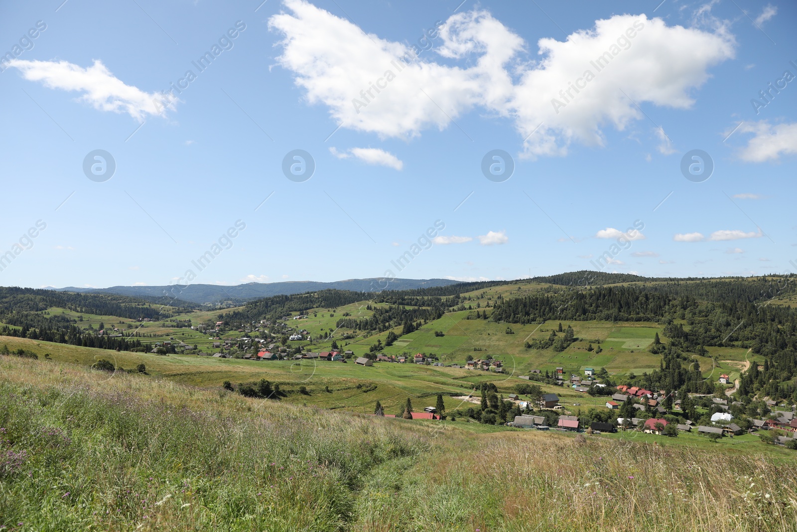 Photo of Picturesque view of houses and forest in mountains under blue sky