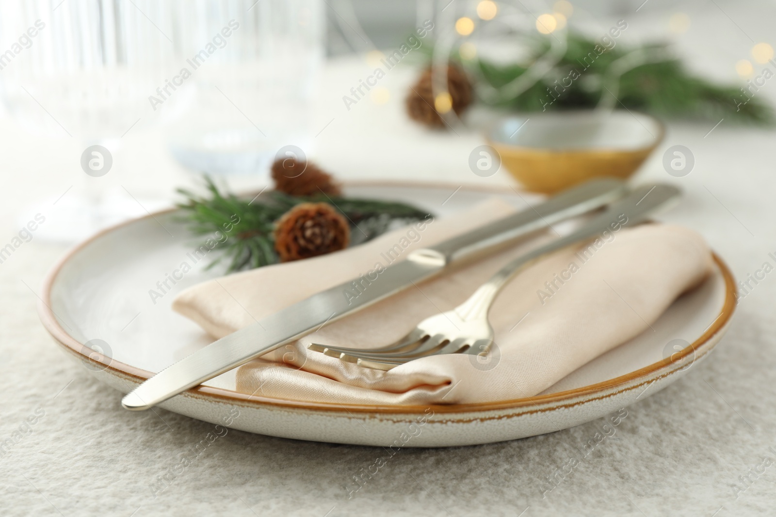 Photo of Christmas table setting with plate, cutlery, fir branches and cones, closeup