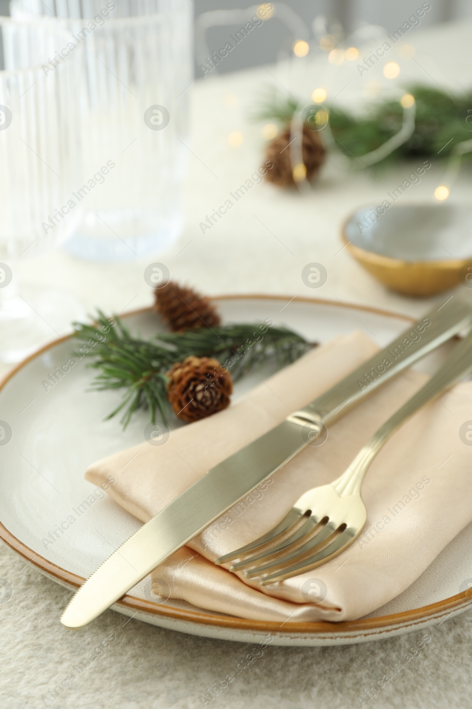 Photo of Christmas table setting with plate, cutlery, fir branches and cones, closeup