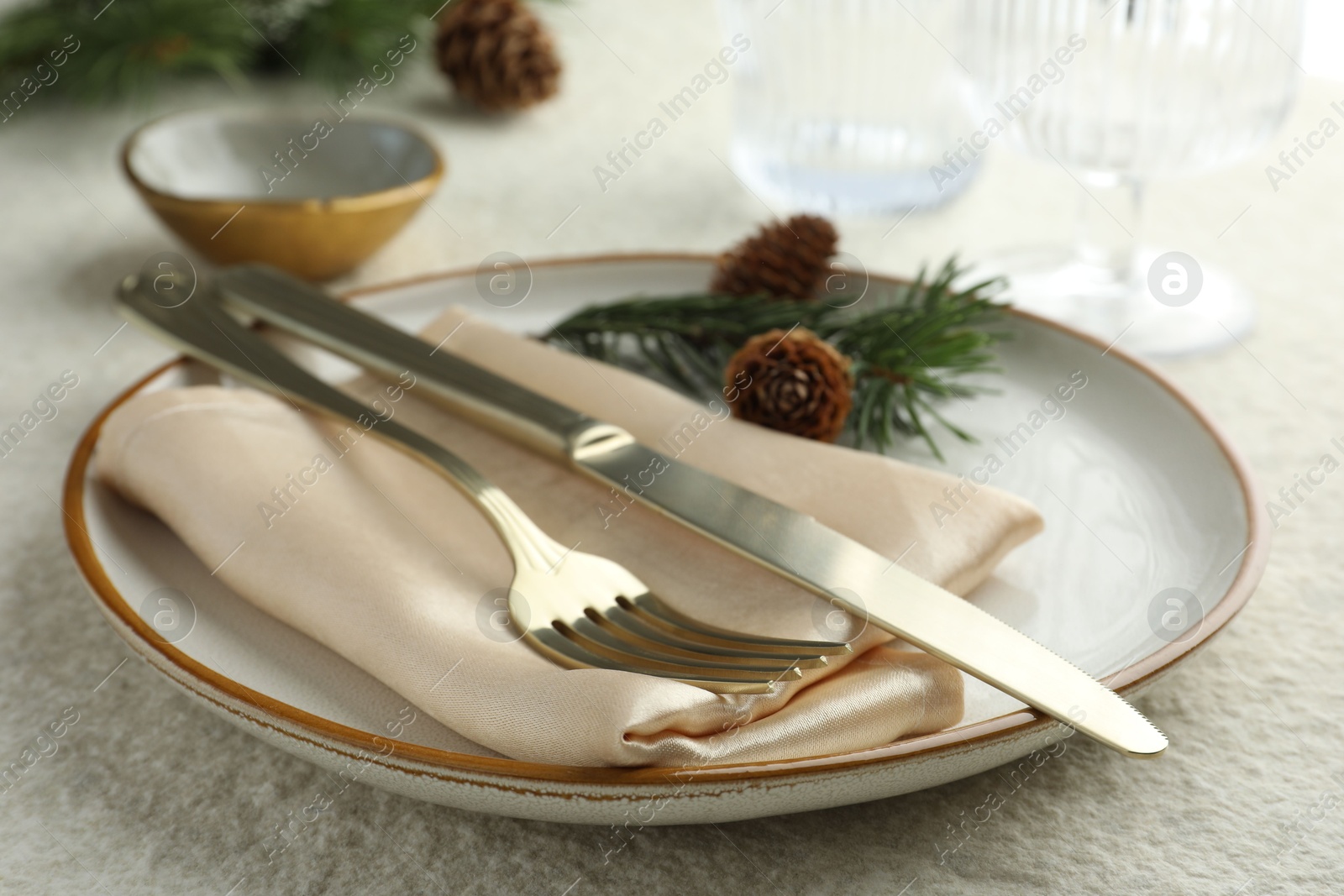 Photo of Christmas table setting with plate, cutlery, fir branches and cones, closeup