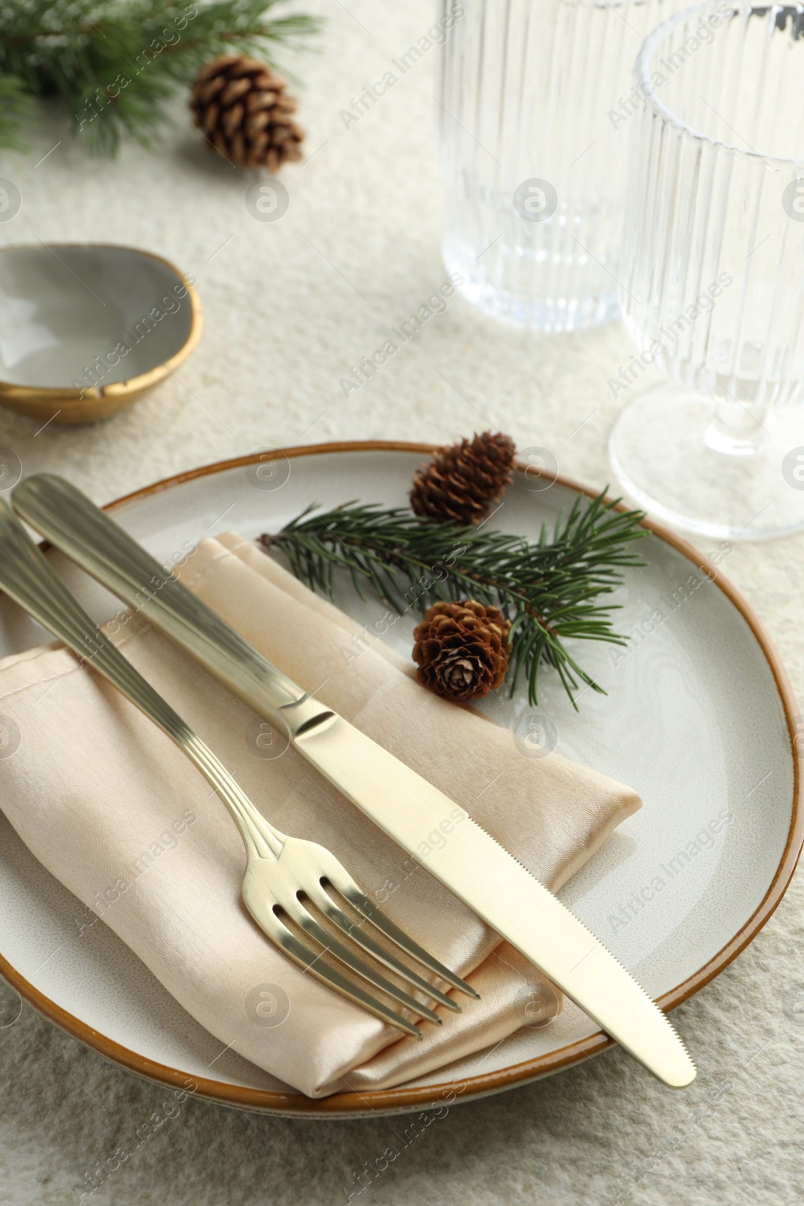 Photo of Christmas table setting with plate, cutlery, fir branches and cones, closeup