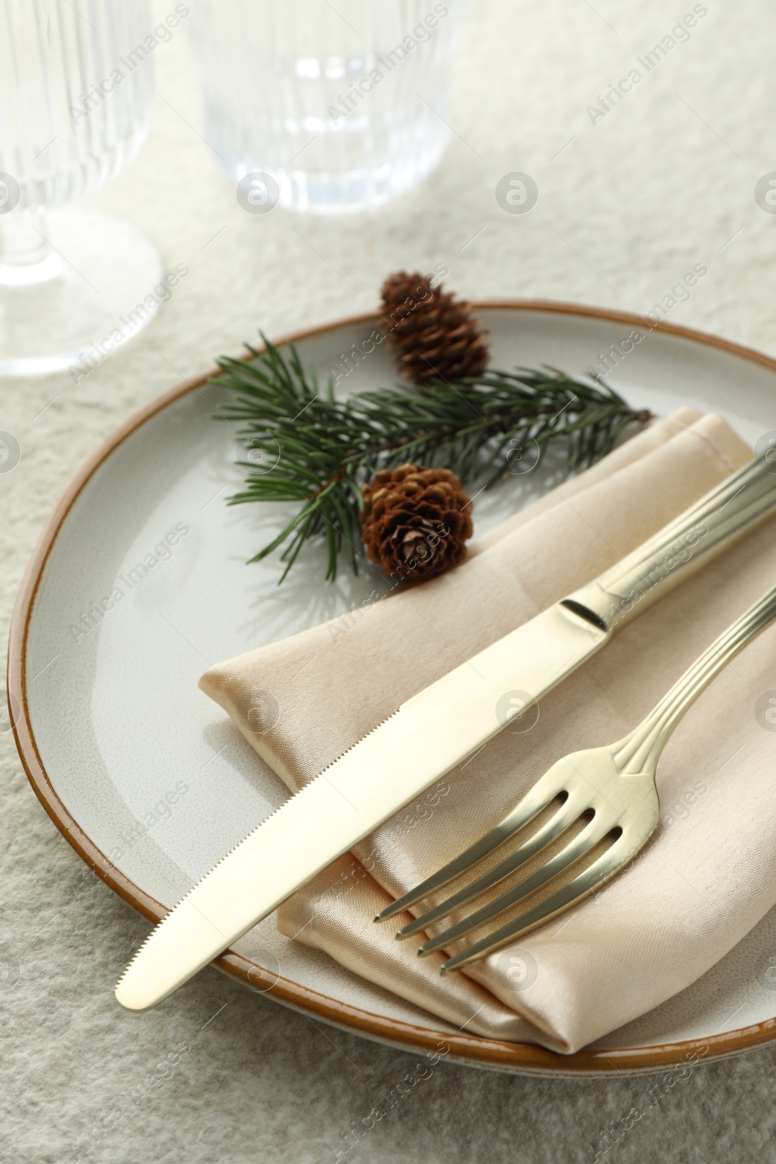 Photo of Christmas table setting with plate, cutlery, fir branches and cones, closeup