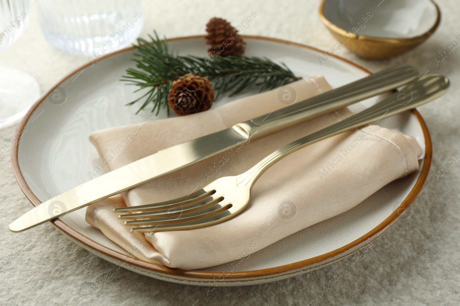 Photo of Christmas table setting with plate, cutlery, fir branches and cones, closeup