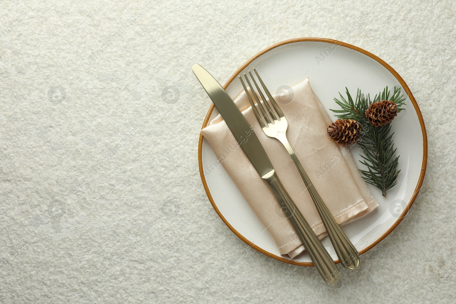 Photo of Christmas table setting with plate, cutlery, fir branch and cones, top view. Space for text