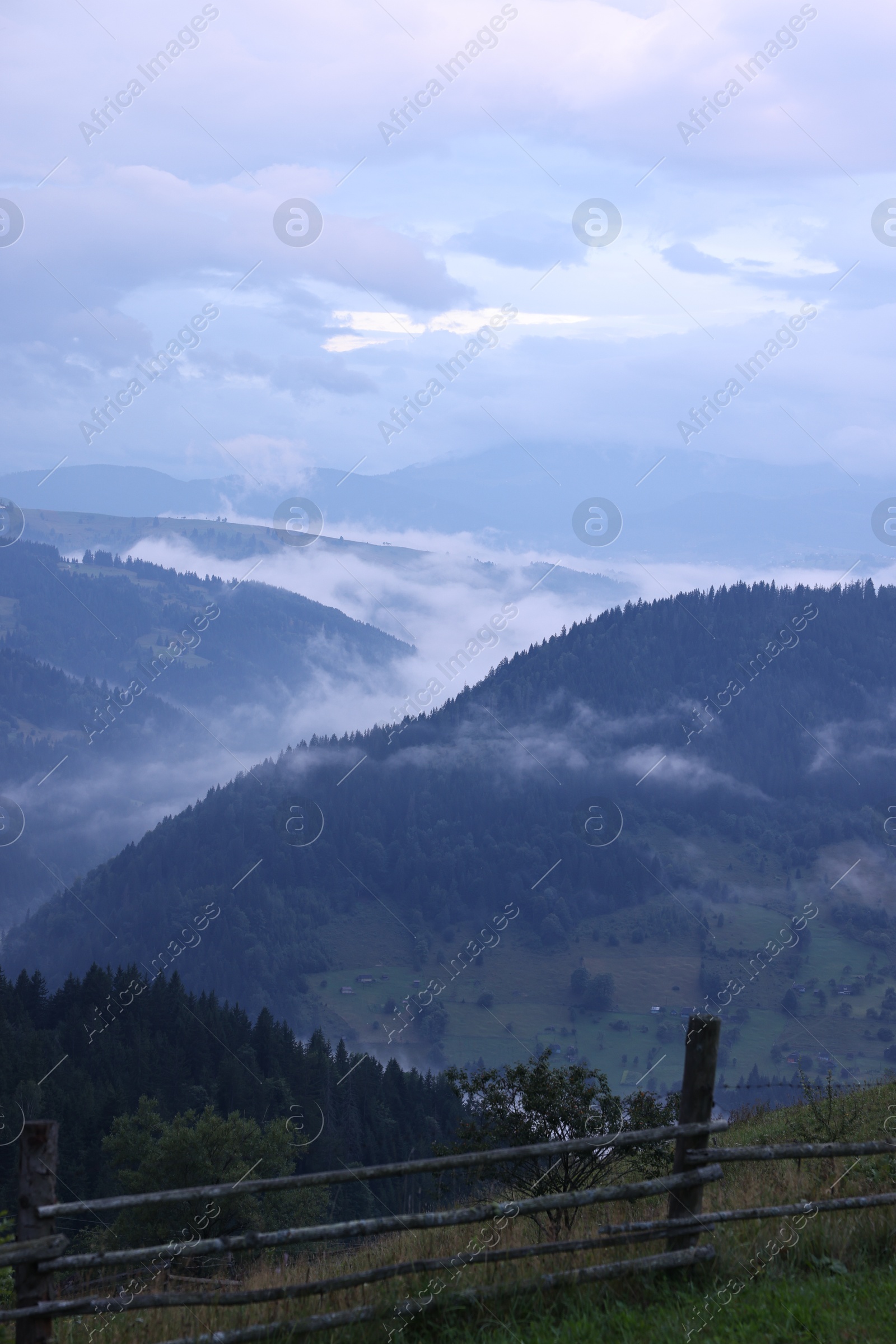 Photo of Picturesque view of beautiful mountains covered with fog