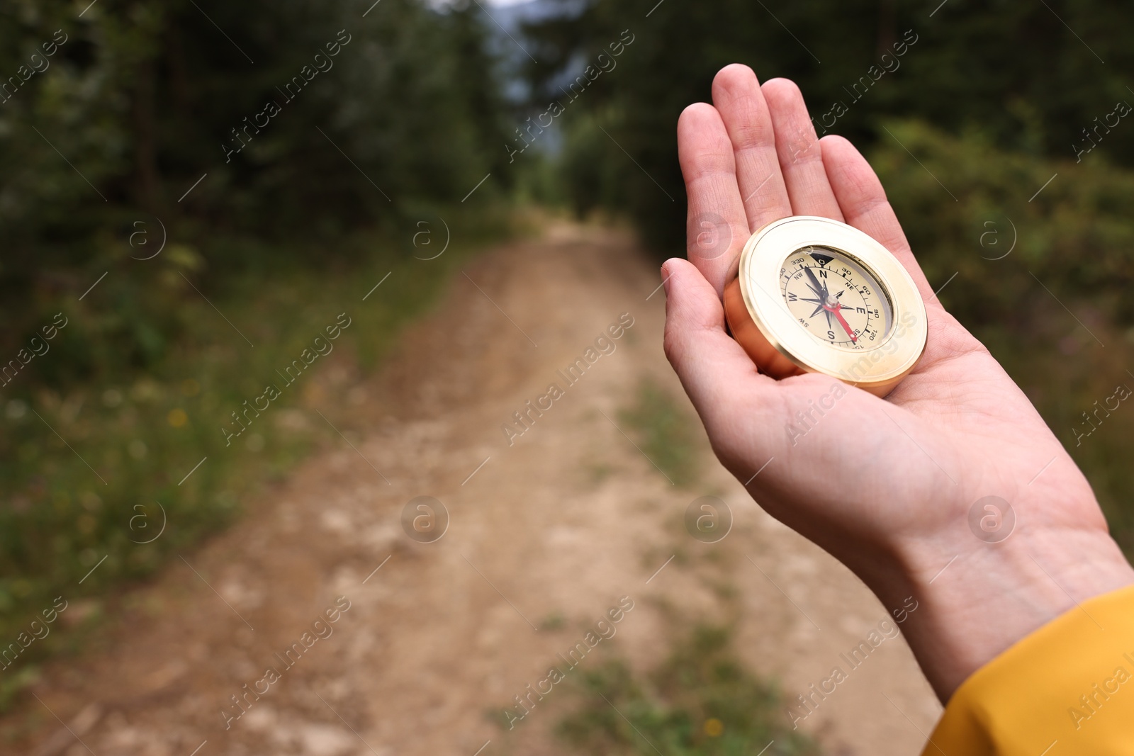 Photo of Woman holding compass near pathway outdoors, closeup. Space for text