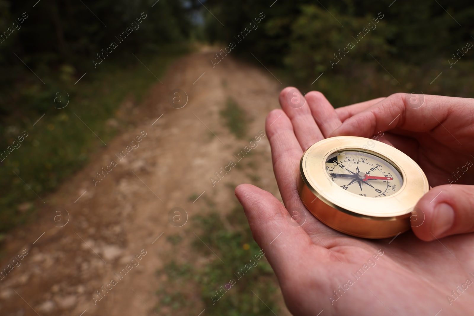 Photo of Woman holding compass near pathway outdoors, closeup. Space for text