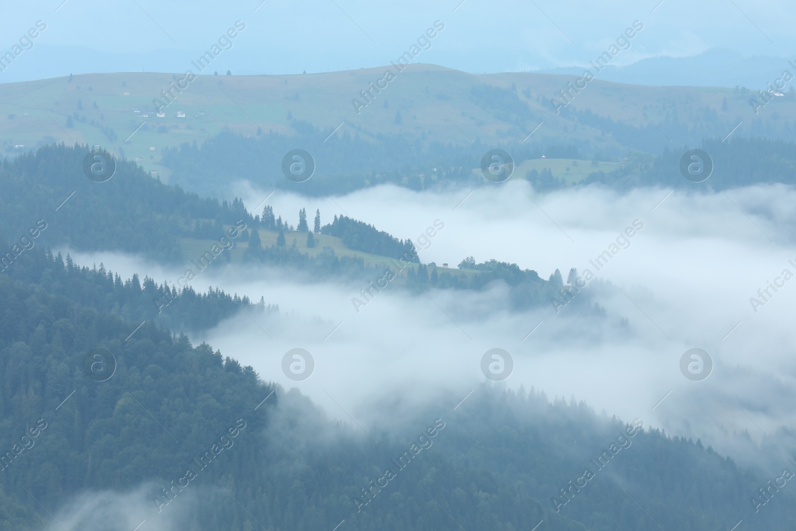 Photo of Picturesque view of beautiful mountains covered with fog