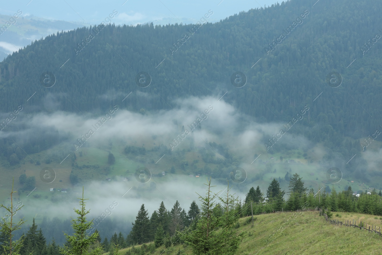 Photo of Picturesque view of beautiful mountains covered with fog