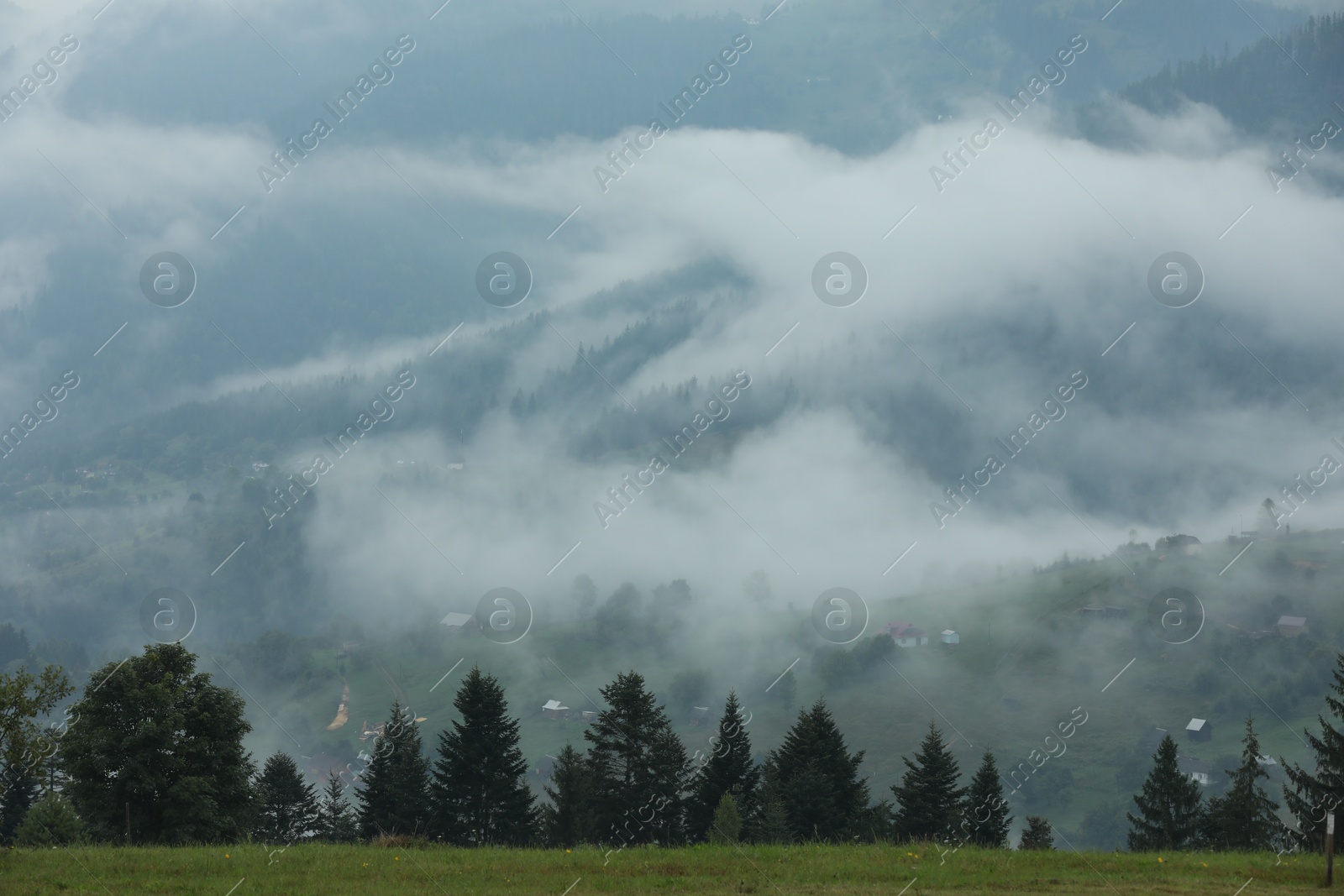 Photo of Picturesque view of beautiful mountains covered with fog