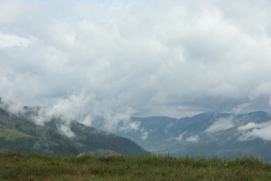 Picturesque view of beautiful mountains covered with fog