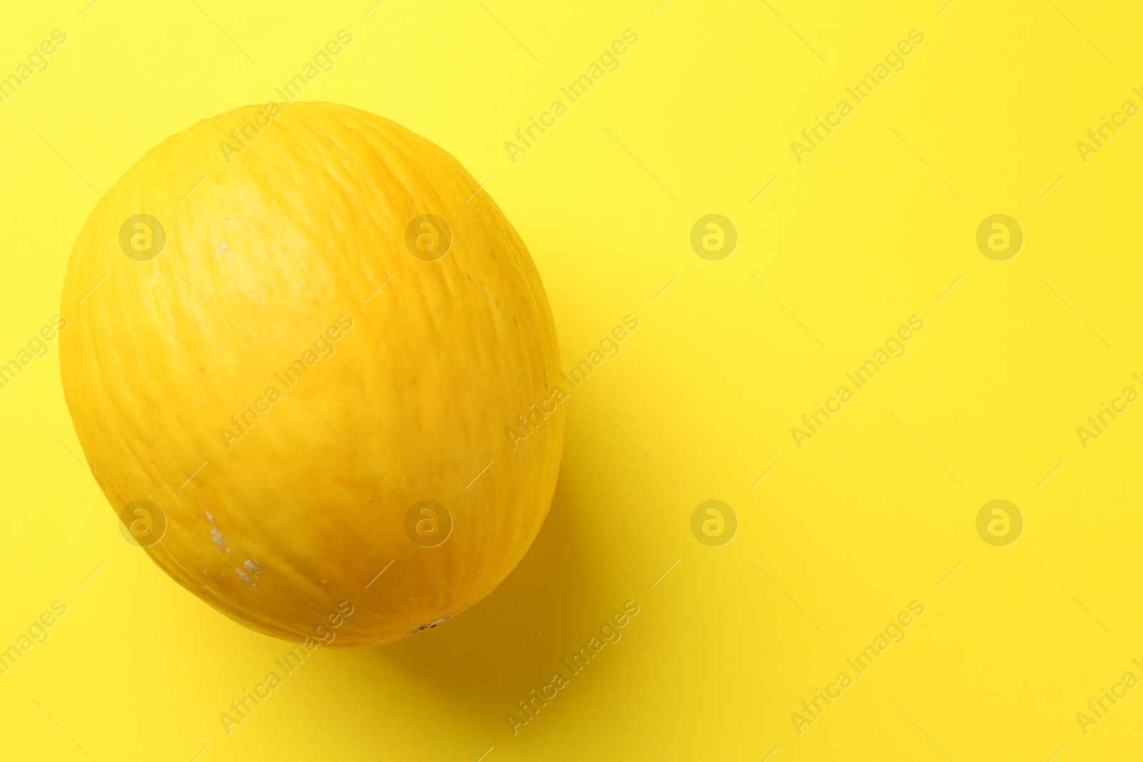 Photo of One fresh melon on yellow background, top view. Space for text