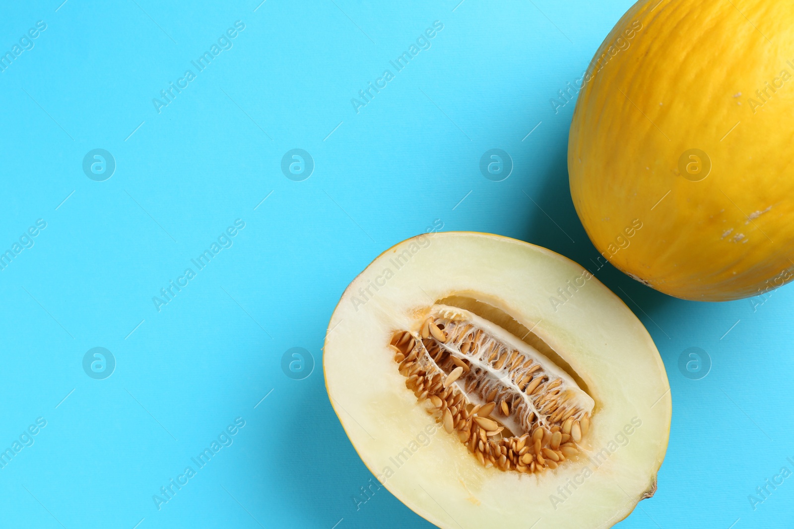 Photo of Whole and half of fresh melon on light blue background, flat lay. Space for text