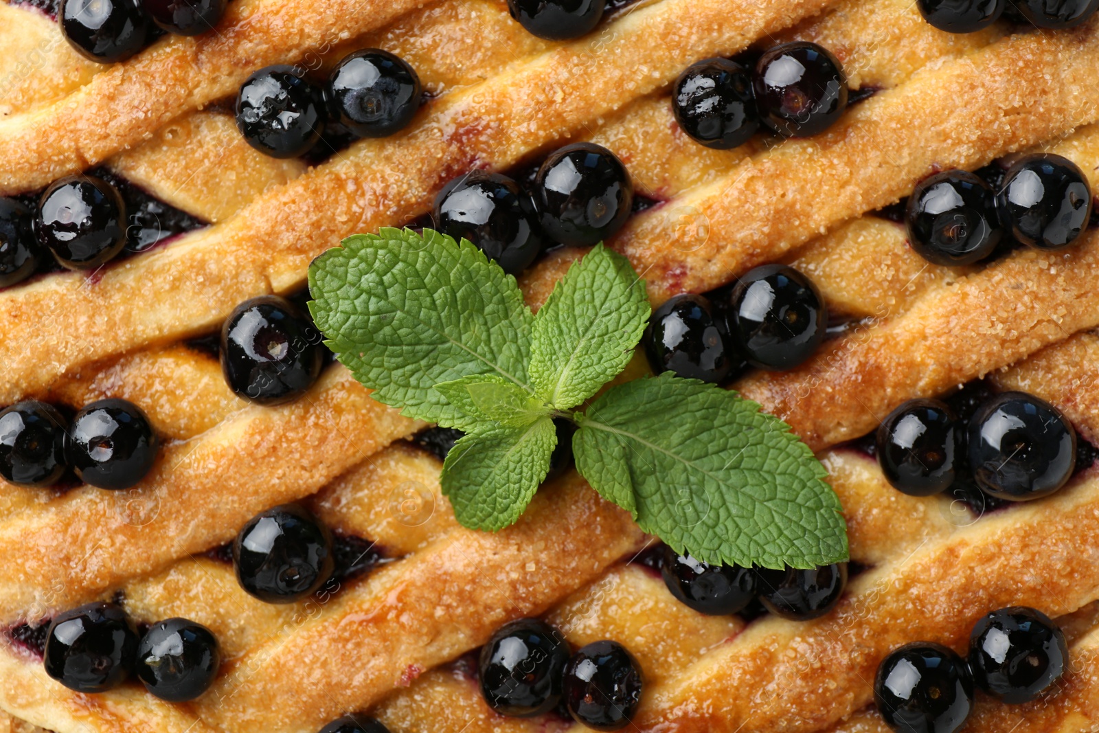 Photo of Delicious homemade blueberry pie with mint as background, top view